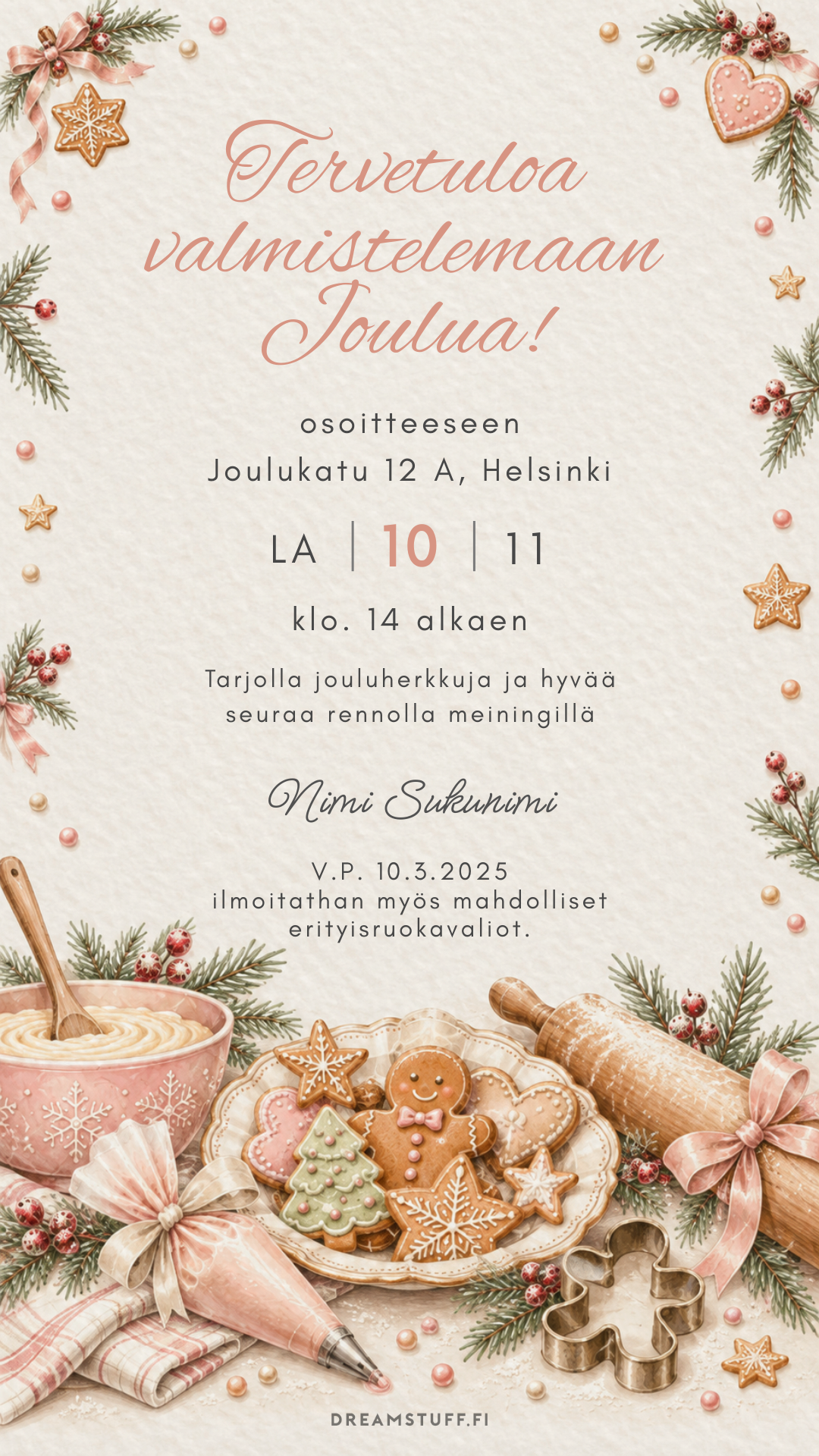 Digitaalinen pikkujoulukutsu – Joulu leivonta | Muokattava kutsu (JPG)