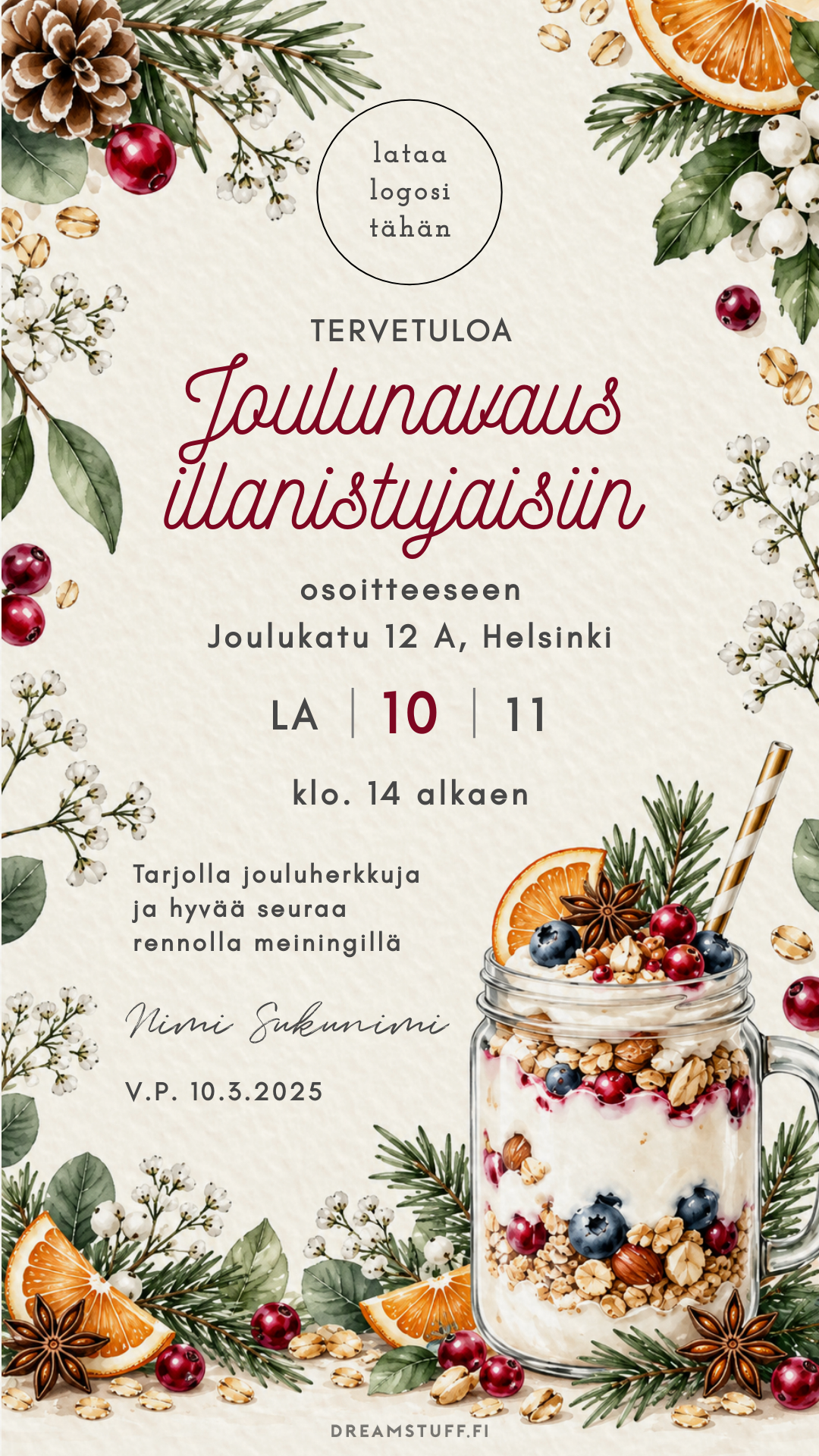 Digitaalinen pikkujoulukutsu – Marjaherkku | Muokattava kutsu (JPG)