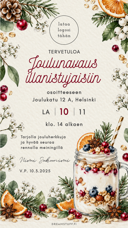 Digitaalinen pikkujoulukutsu – Marjaherkku | Muokattava kutsu (JPG)