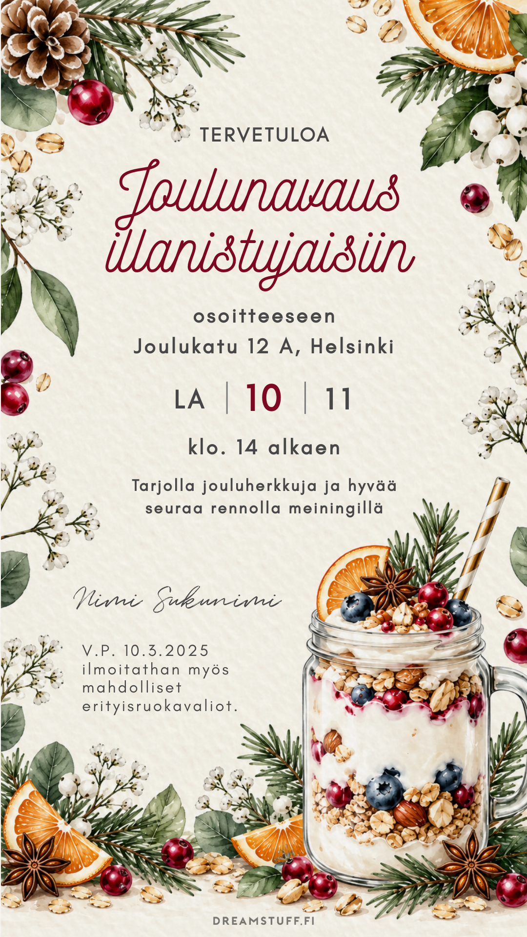 Digitaalinen pikkujoulukutsu – Marjaherkku | Muokattava kutsu (JPG)