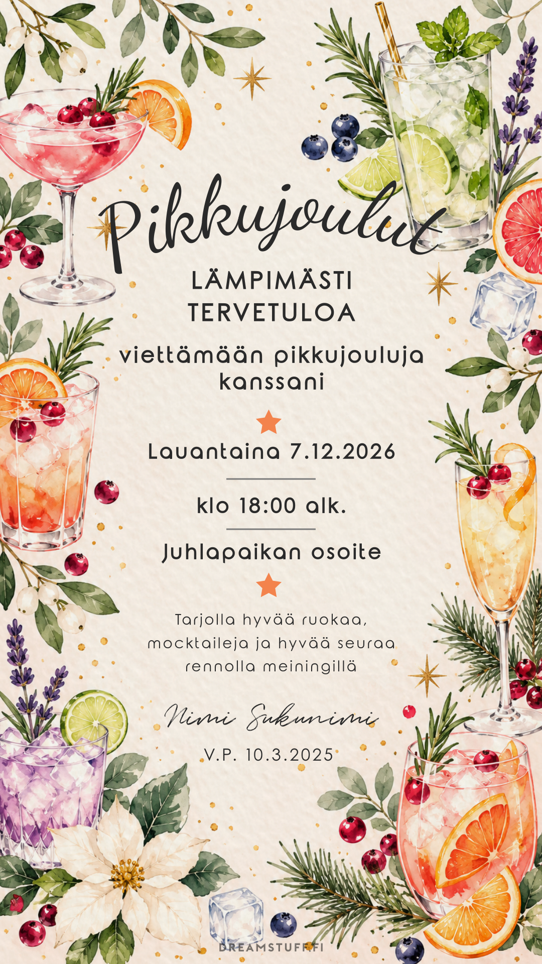 Muokattava digitaalinen pikkujoulukutsu mocktail- ja jouluteemalla – sähköinen kutsu aikuisille
