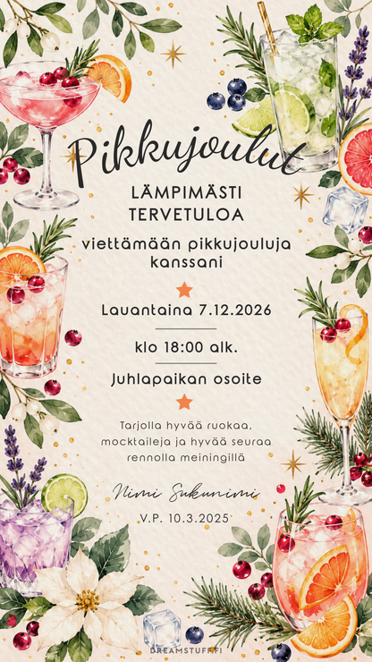 Muokattava digitaalinen pikkujoulukutsu mocktail- ja jouluteemalla – sähköinen kutsu aikuisille