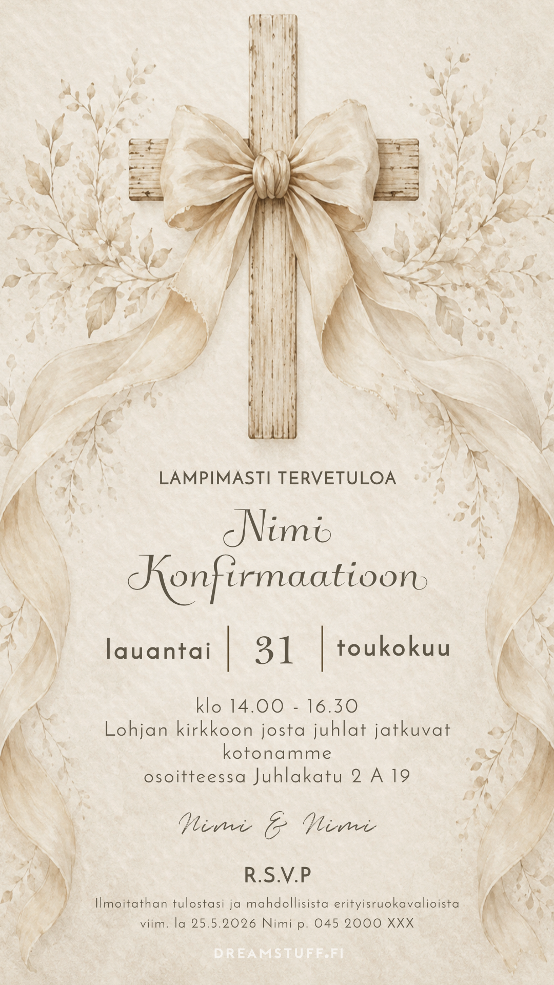 Digitaalinen kastekutsu puisella ristillä ja valkoisella rusetilla, muokattava sähköinen kutsu konfirmaatiojuhlaan.