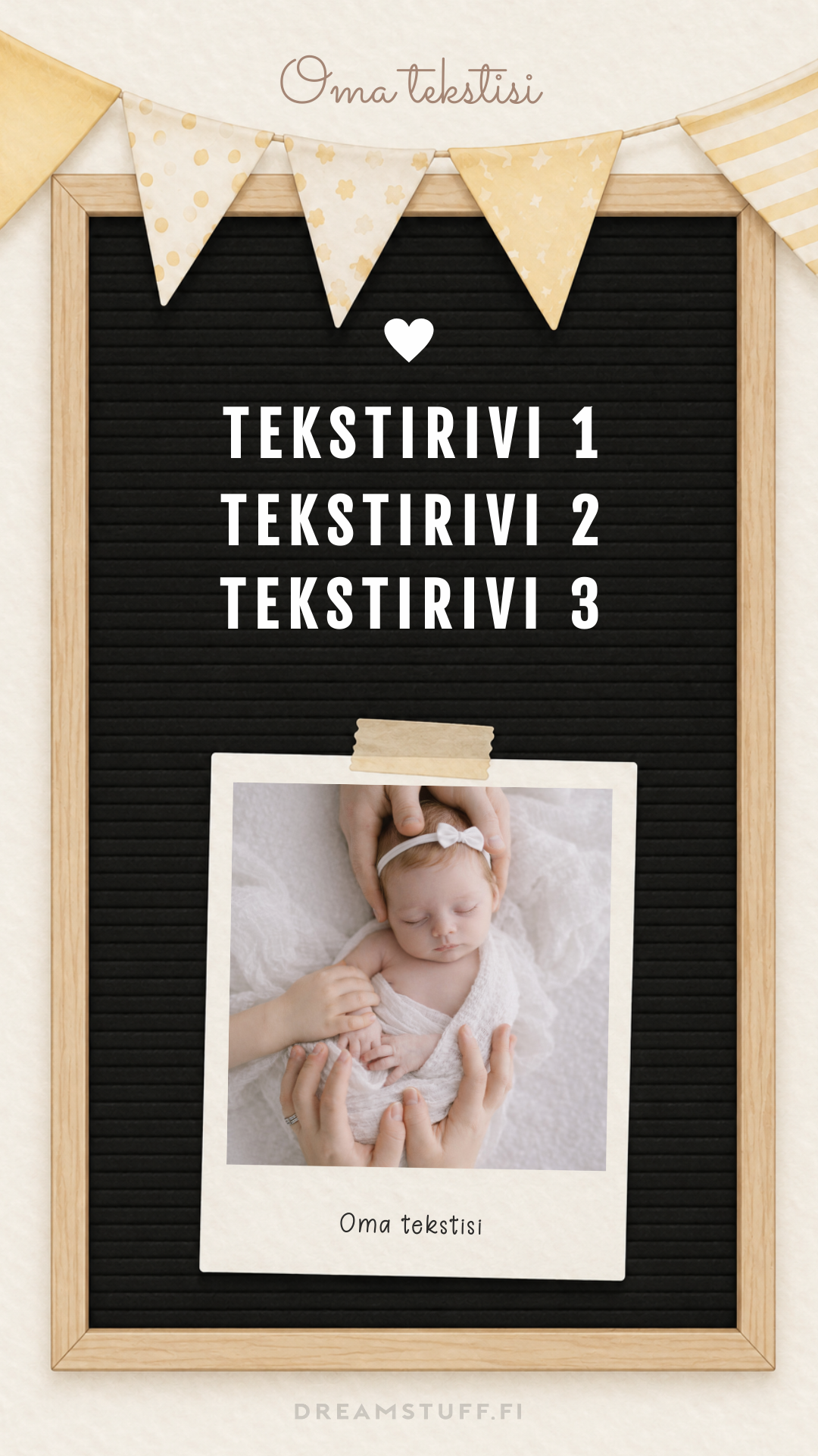 Muokattava sähköinen syntymäilmoitus vauvan valokuvalla, skandinaavinen letter board -design ja digitaalinen toimitus.