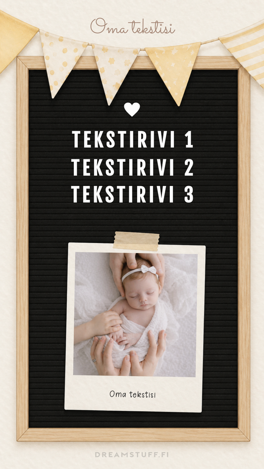 Muokattava sähköinen syntymäilmoitus vauvan valokuvalla, skandinaavinen letter board -design ja digitaalinen toimitus.