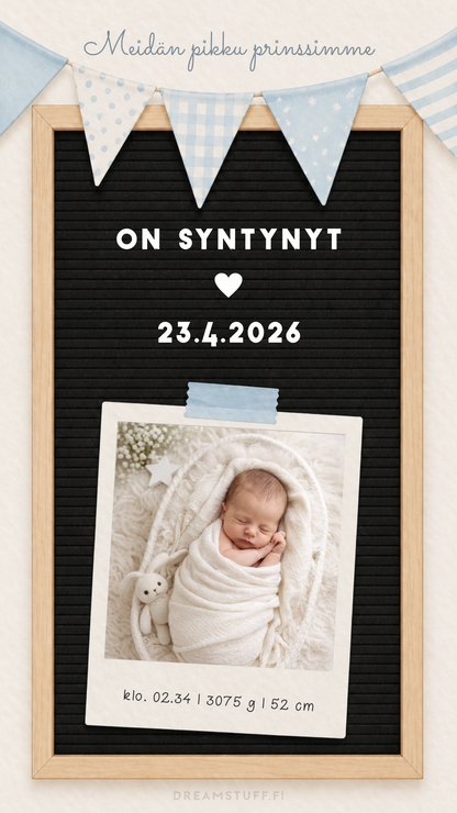 Digitaalinen syntymäilmoitus poikavauvalle, oma kuva, syntymäaika, paino ja pituus helposti muokattavissa editorissa.