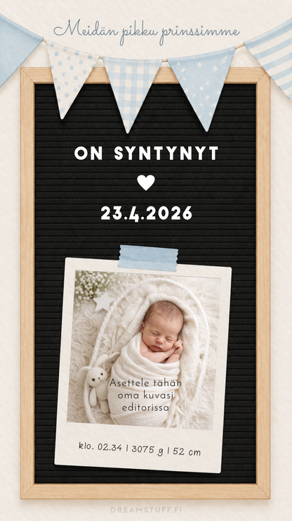 Muokattava sähköinen syntymäilmoitus vauvan valokuvalla, skandinaavinen letter board -design ja digitaalinen toimitus.