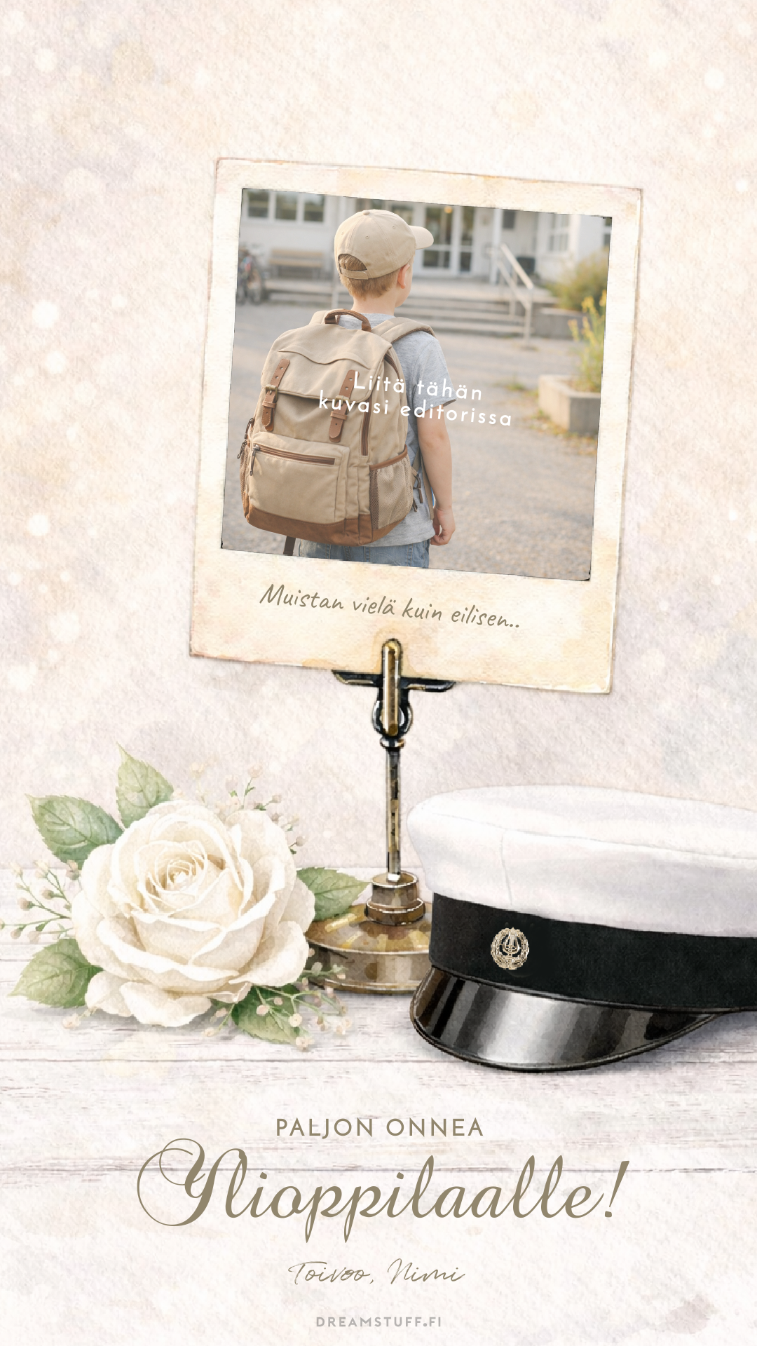 Digitaalinen toivotus - polaroidkuva onnea ylioppilas