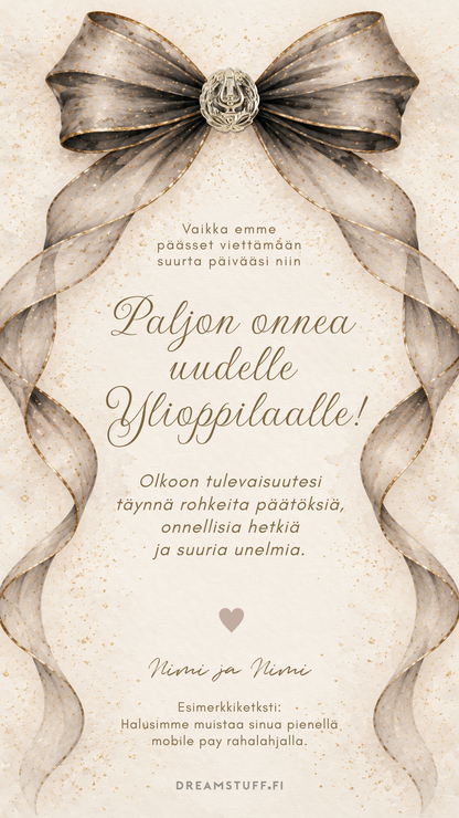 Digitaalinen onnittelukortti ylioppilaalle - Musta glitteri rusetti | JPG