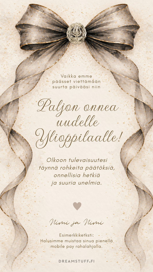 Digitaalinen onnittelukortti ylioppilaalle - Musta glitteri rusetti | JPG