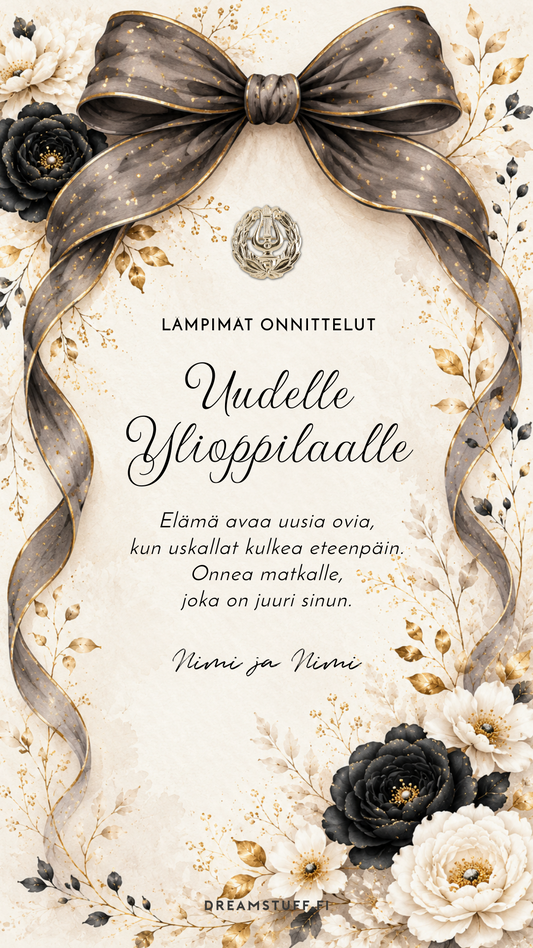 Digitaalinen onnittelukortti uudelle ylioppilaalle, jossa musta kultaglitterrusetti, kultaiset lehdet, ylioppilaslyyra ja tyylikäs vaalea vesiväritausta.