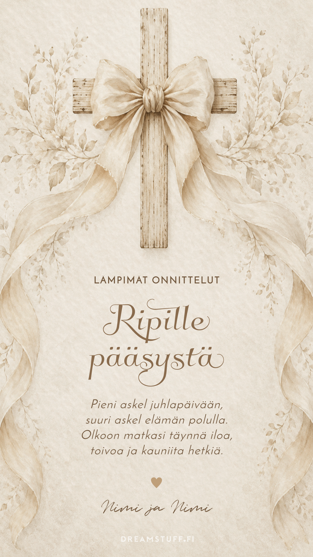 Digitaalinen onnittelukortti rippijuhlaan, patinoitu puinen risti ja valkoinen rusetti, muokattava sähköinen rippikortti.