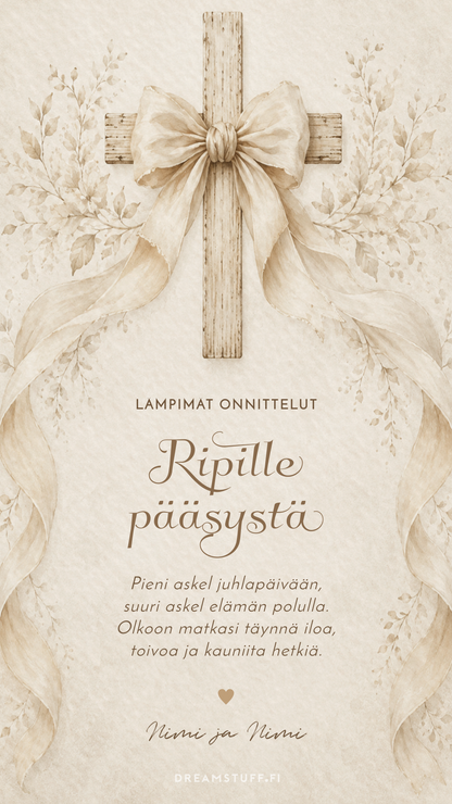 Digitaalinen onnittelukortti rippijuhlaan, patinoitu puinen risti ja valkoinen rusetti, muokattava sähköinen rippikortti.