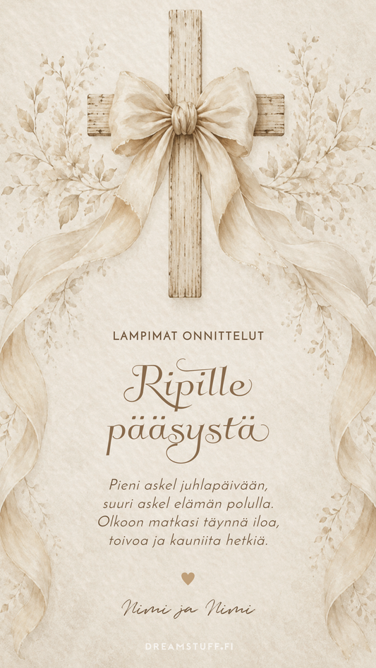 Digitaalinen onnittelukortti rippijuhlaan, patinoitu puinen risti ja valkoinen rusetti, muokattava sähköinen rippikortti.
