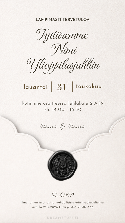 Digitaalinen ylioppilaskutsu – Musta sinetti | Muokattava kutsu JPG