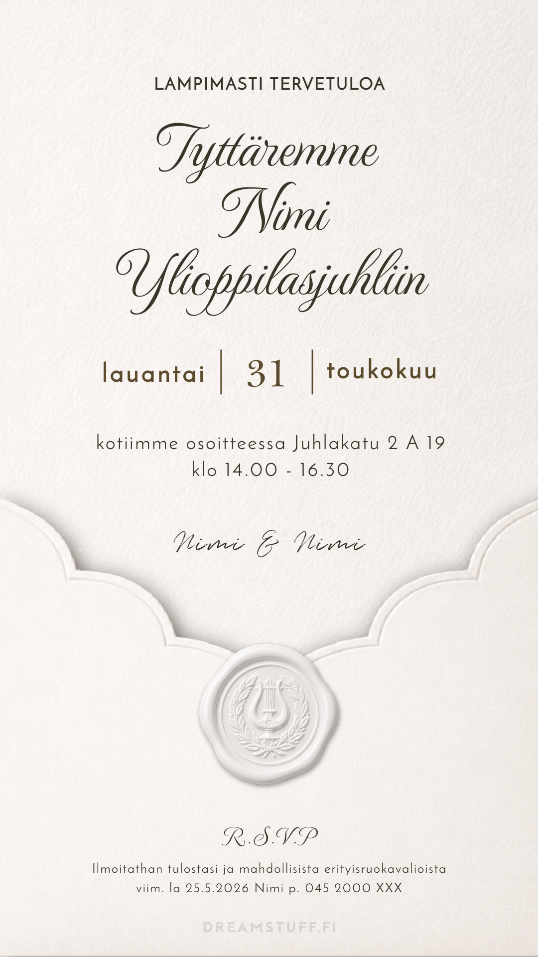Digitaalinen ylioppilaskutsu – Valkoinen sinetti | Muokattava kutsu JPG