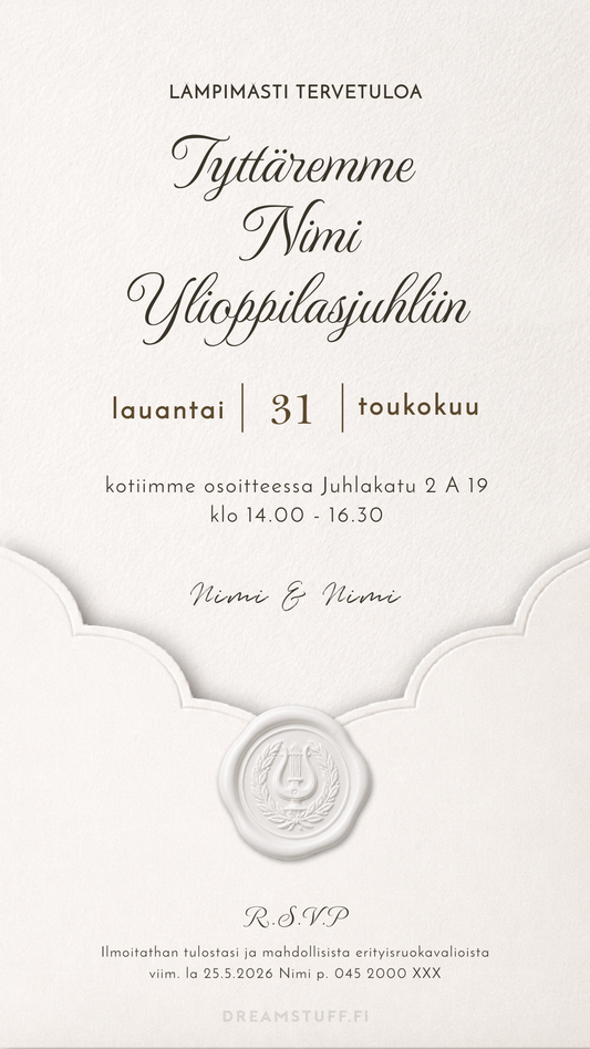 Digitaalinen ylioppilaskutsu – Valkoinen sinetti | Muokattava kutsu JPG