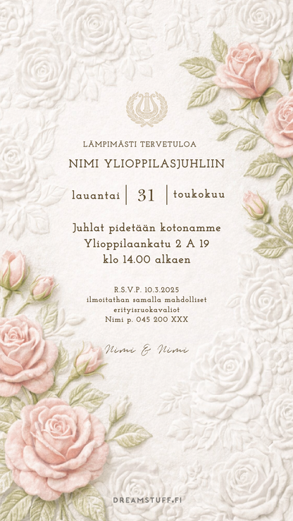 Digitaalinen ylioppilaskutsu, valmis kutsupohja ylioppilasjuhliin jonka voi muokata helposti ja lähettää WhatsAppilla tai sähköpostilla