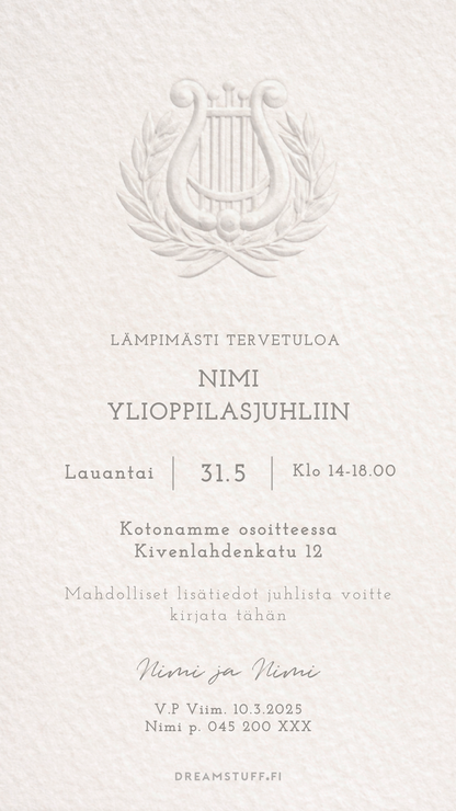 Tyylikäs ylioppilaskutsu valkoisella pohjalla, digitaalinen kutsukortti ylioppilasjuhliin helposti muokattavalla tekstillä