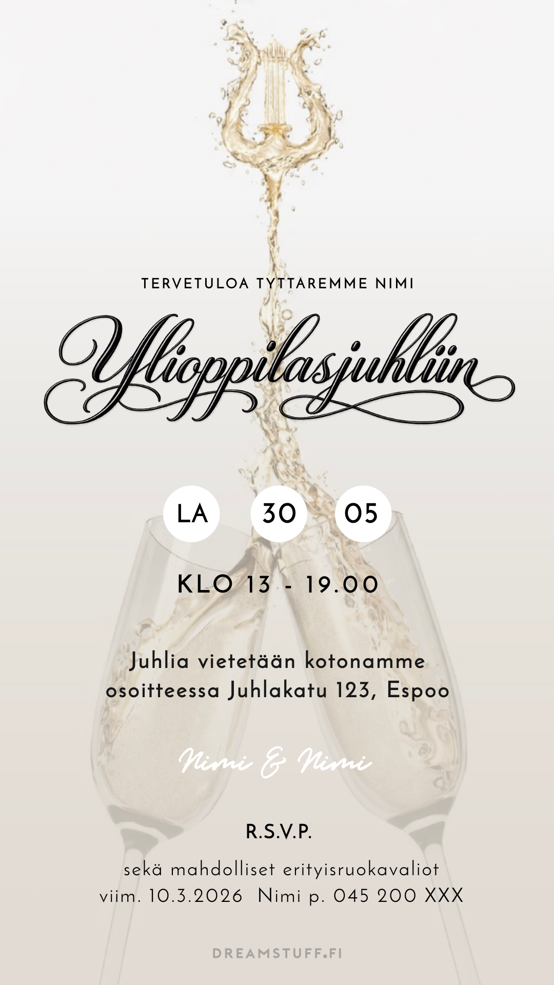 Ylioppilasjuhlat kutsu idea, valmis digitaalinen kutsu joka tehdään nopeasti ja lähetetään heti vieraille