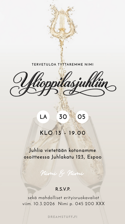 Ylioppilasjuhlat kutsu idea, valmis digitaalinen kutsu joka tehdään nopeasti ja lähetetään heti vieraille