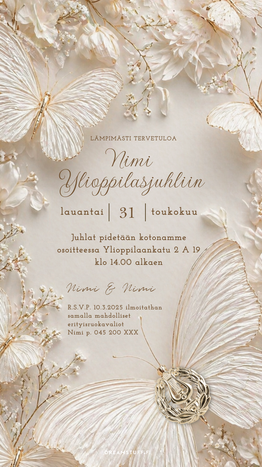 Kaunis ylioppilaskutsu kultaisilla yksityiskohdilla, digitaalinen kutsupohja valmistujaisiin joka ladataan heti käyttöön
