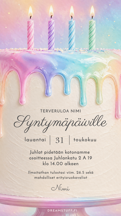 Digitaalinen syntymäpäiväkutsu lapsille – Sateenkaarikakku neljävuotiaalle | Muokattava kutsu (JPG) (Copy) (Copy)