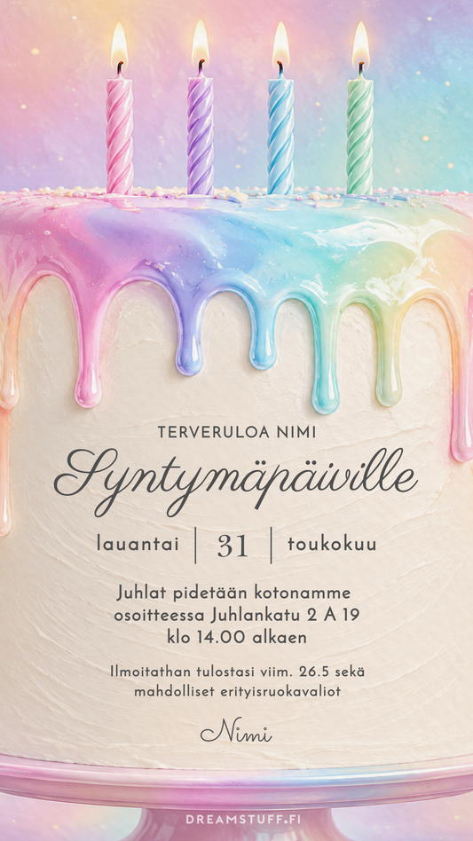 Digitaalinen syntymäpäiväkutsu lapsille – Sateenkaarikakku neljävuotiaalle | Muokattava kutsu (JPG) (Copy) (Copy)