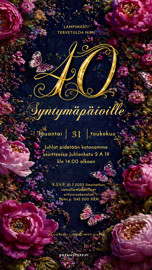 digitaalinen syntymäpäiväkutsu aikuisille helposti muokattava
