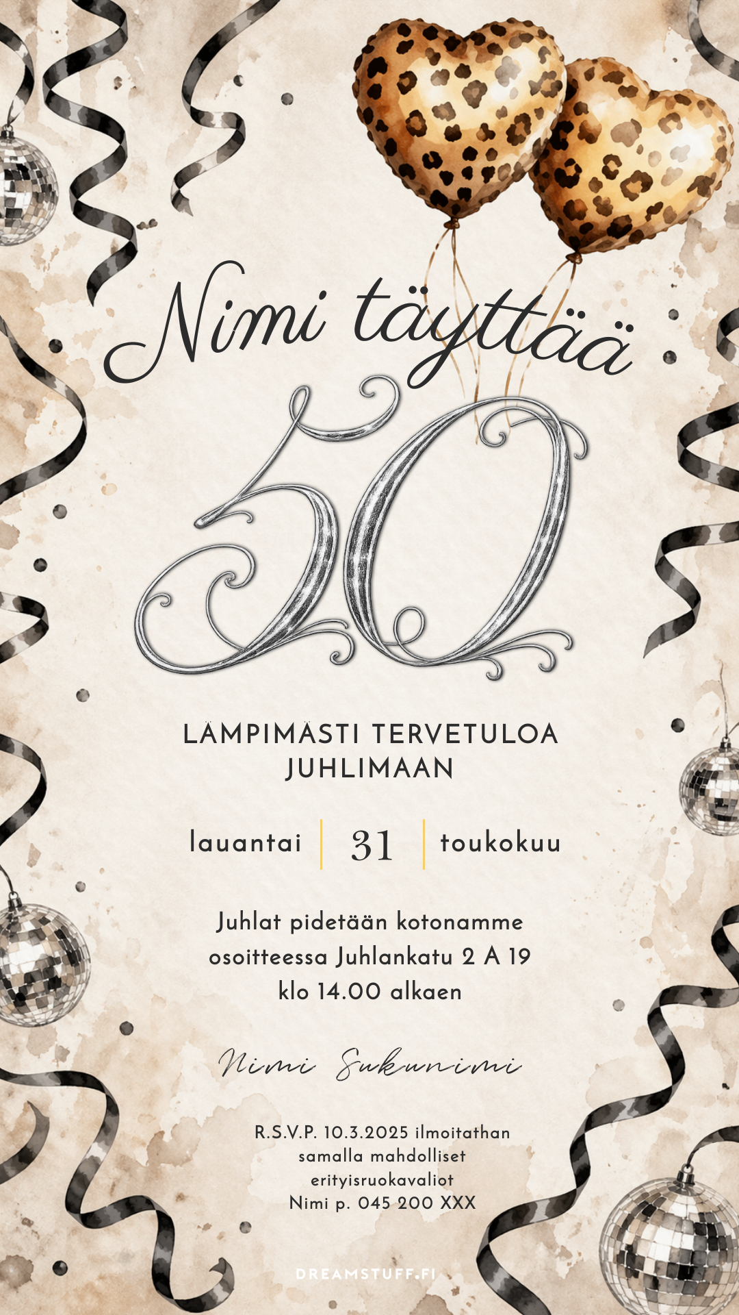 Digitaalinen syntymäpäiväkutsu – Pantteri ilmapallot ja disco 40, 50, 60 ja 70 ikäluvut | Muokattava kutsu JPG