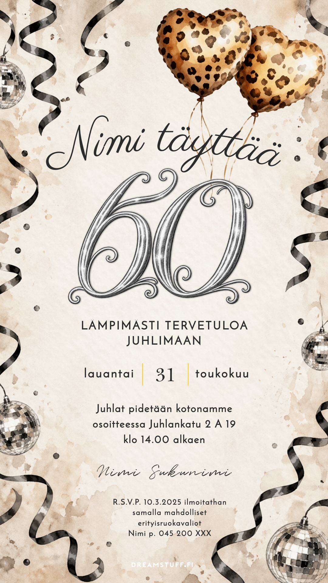 Digitaalinen syntymäpäiväkutsu – Pantteri ilmapallot ja disco 40, 50, 60 ja 70 ikäluvut | Muokattava kutsu JPG