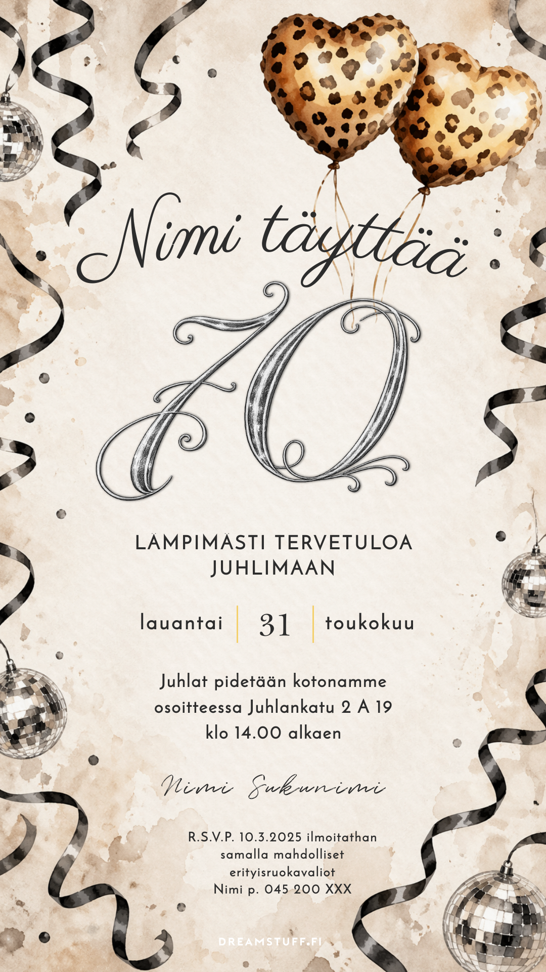 Digitaalinen syntymäpäiväkutsu – Pantteri ilmapallot ja disco 40, 50, 60 ja 70 ikäluvut | Muokattava kutsu JPG