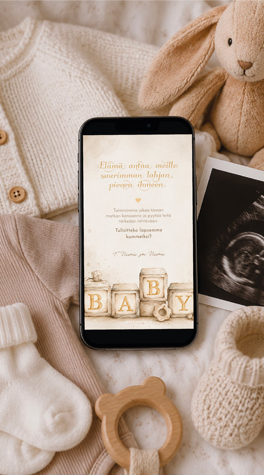 Digitaalinen kummipyyntökortti BABY-palikoilla vauvanvaatteiden, ultraäänikuvan ja pehmopupun ympäröimänä – tulisitko kummiksi -kortti sähköisesti lähetettäväksi