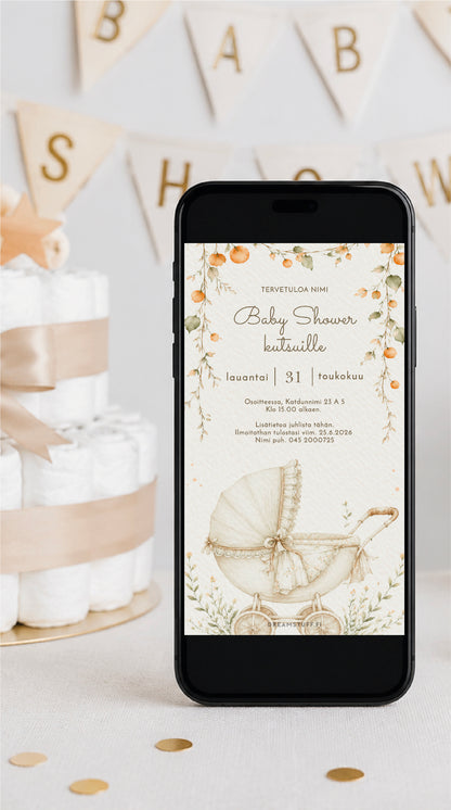 Digitaalinen baby shower -kutsu kännykässä. Muokattava sähköinen vauvajuhlakutsu, jonka taustalla vaippakakku ja juhlakoristeet. Helppo kutsu lähetettäväksi WhatsAppilla tai sähköpostilla.