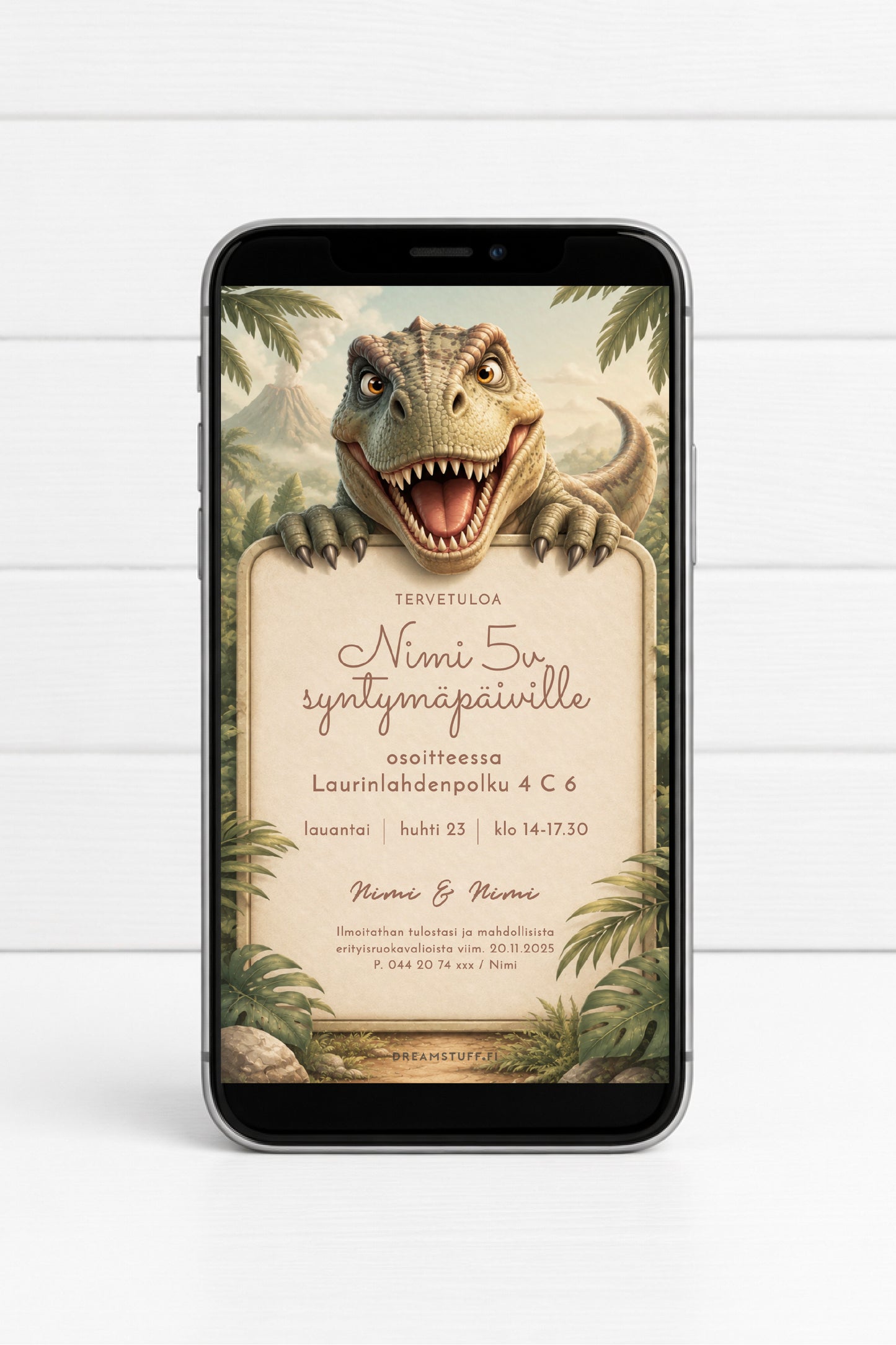 Digitaalinen lasten synttärikutsu dinosaurus teemalla – T-Rex viidakkokutsu 5-vuotissynttäreille | Dreamstuff