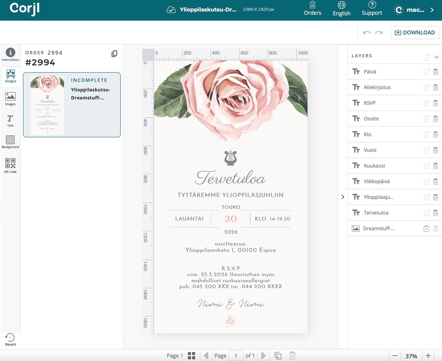 Digital examensinbjudan - Rosa ros