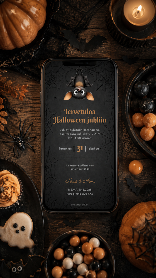 Digitaalinen Halloween kutsu – Lepakko | Muokattava kutsu (JPG)
