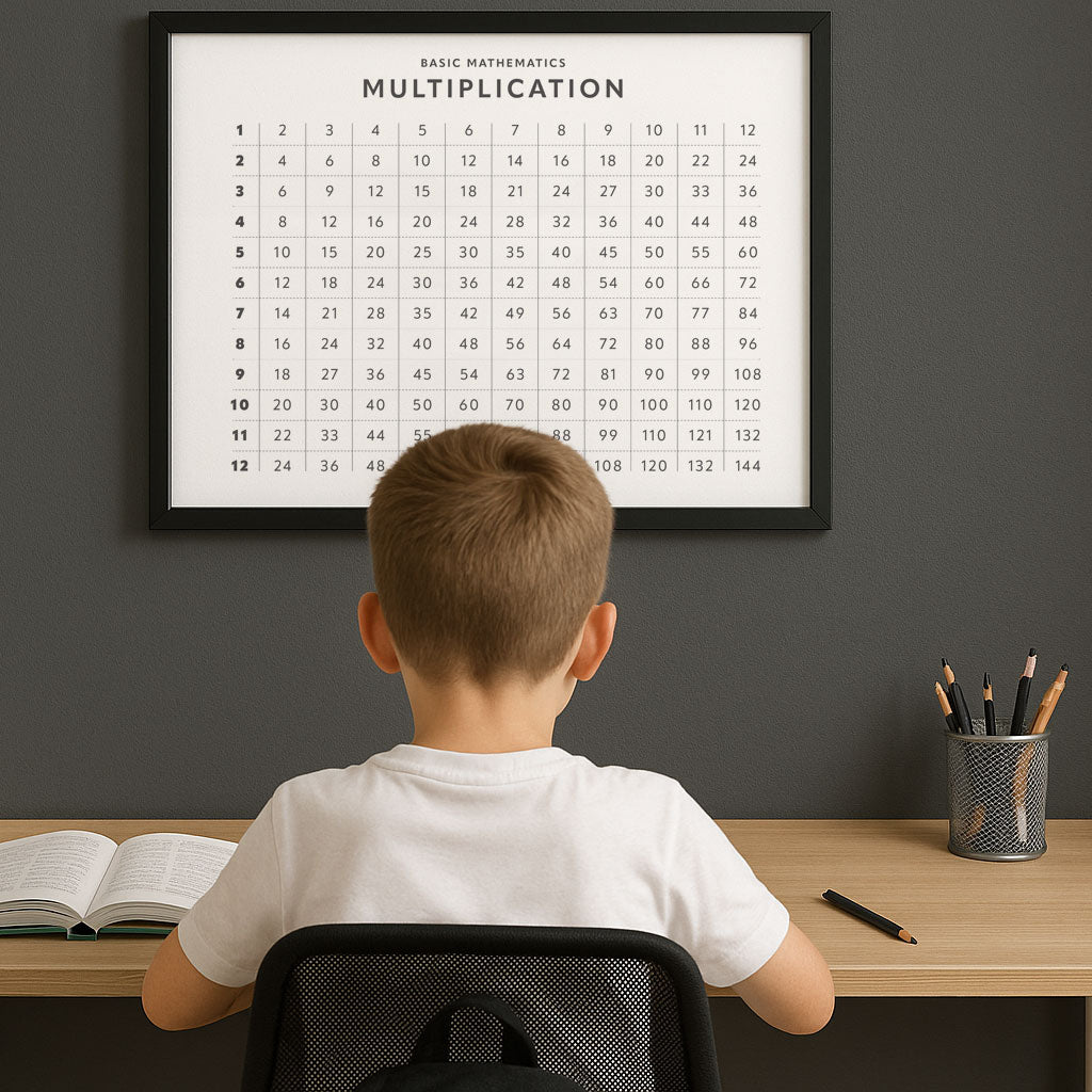 Kertotaulu-juliste 1–12 lastenhuoneen seinällä – Dreamstuffin mattapintainen 30x40 cm opetustaulu.