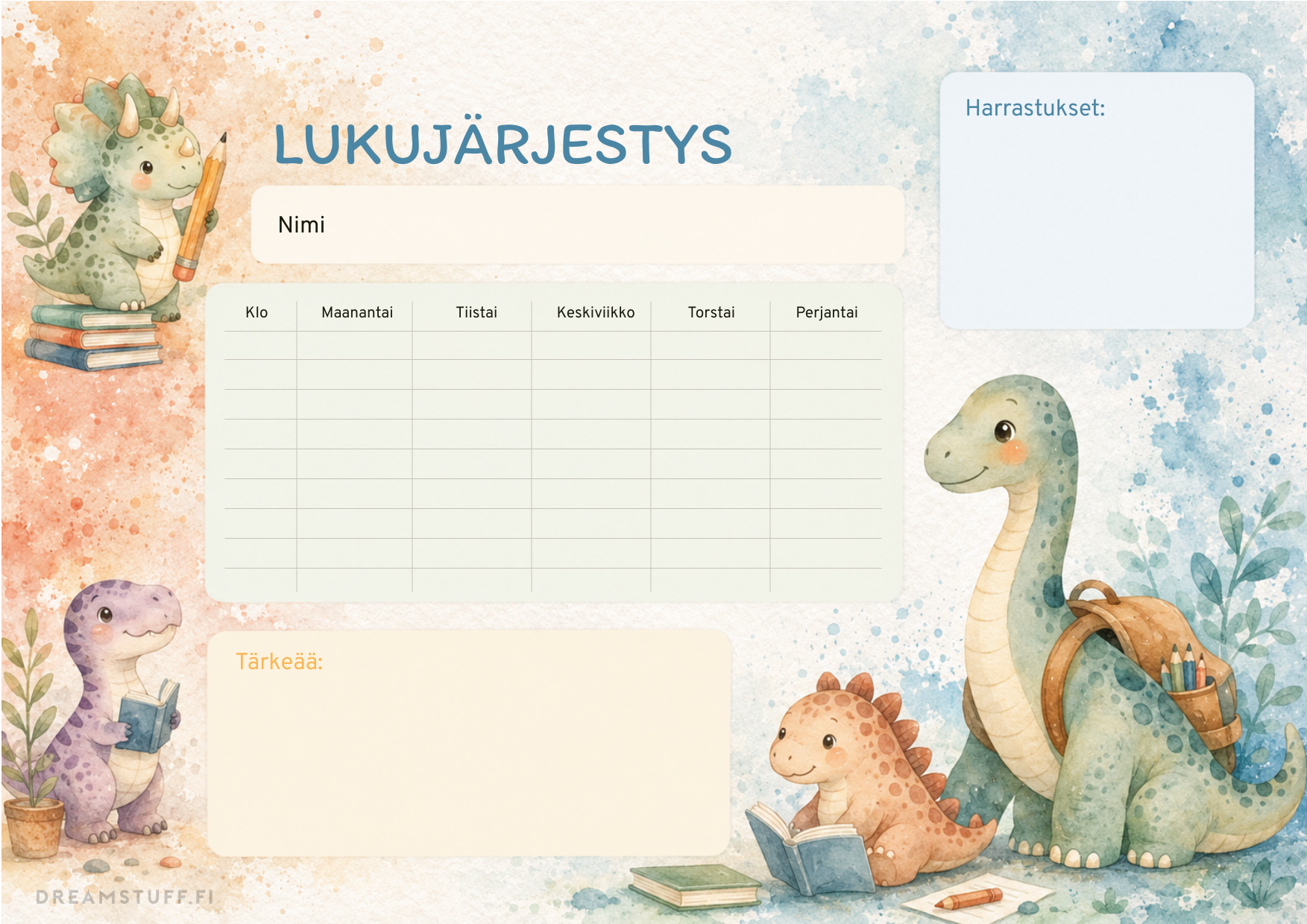 Muokattava dinosaurus lukujärjestys Corjl-editorissa – personoi tekstit helposti verkossa ennen tulostusta