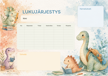 Muokattava dinosaurus lukujärjestys Corjl-editorissa – personoi tekstit helposti verkossa ennen tulostusta