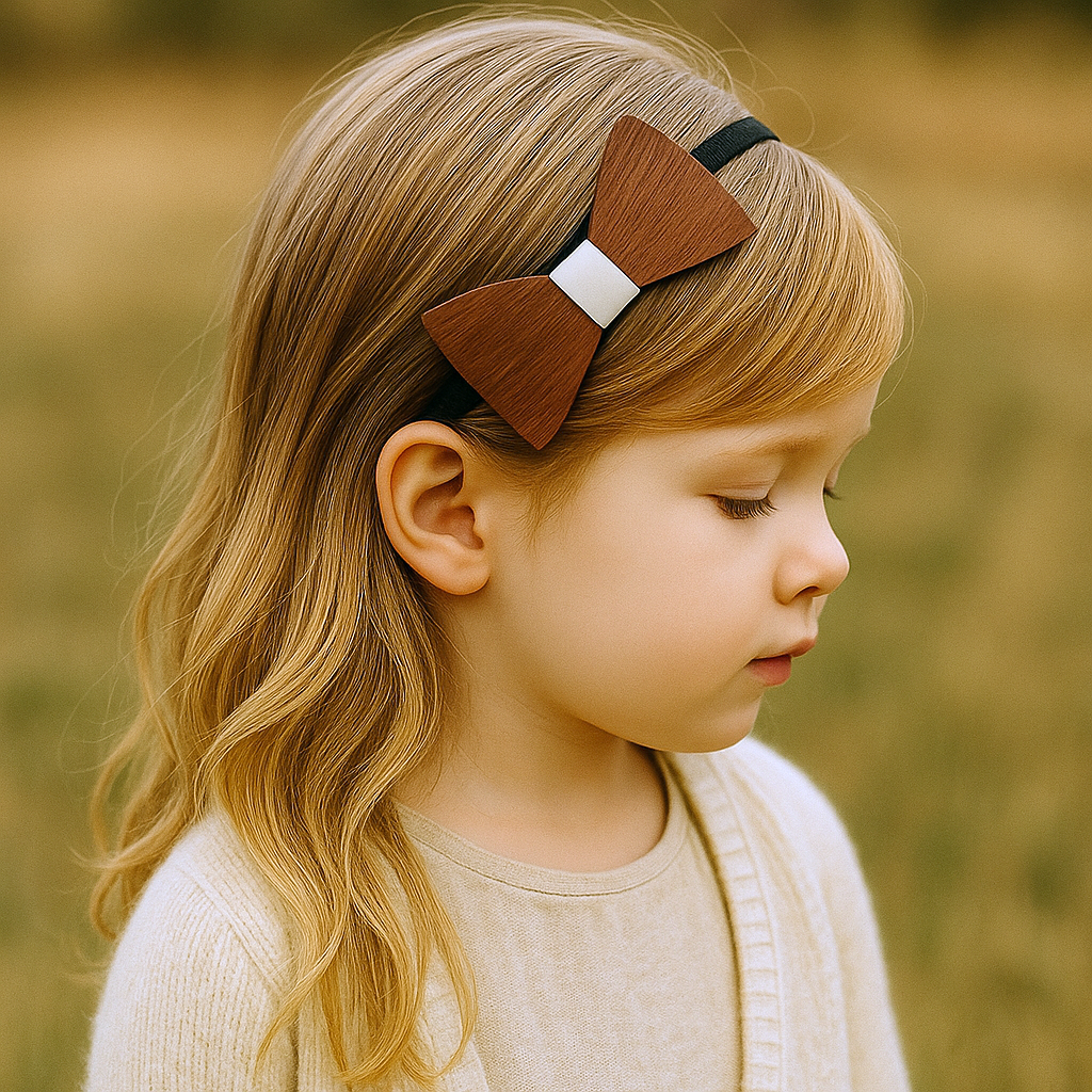 Lasten puinen rusetti hiuksiin – mahonkivanerinen hiuskoriste arkeen ja juhlaan