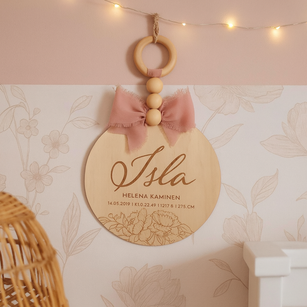 Dreamstuffin personoitu nimikyltti vauvalle – koivuvanerinen syntymätaulu vaaleanpunaisella rusetilla, ripustettuna lastenhuoneen seinälle koristevalojen alle.