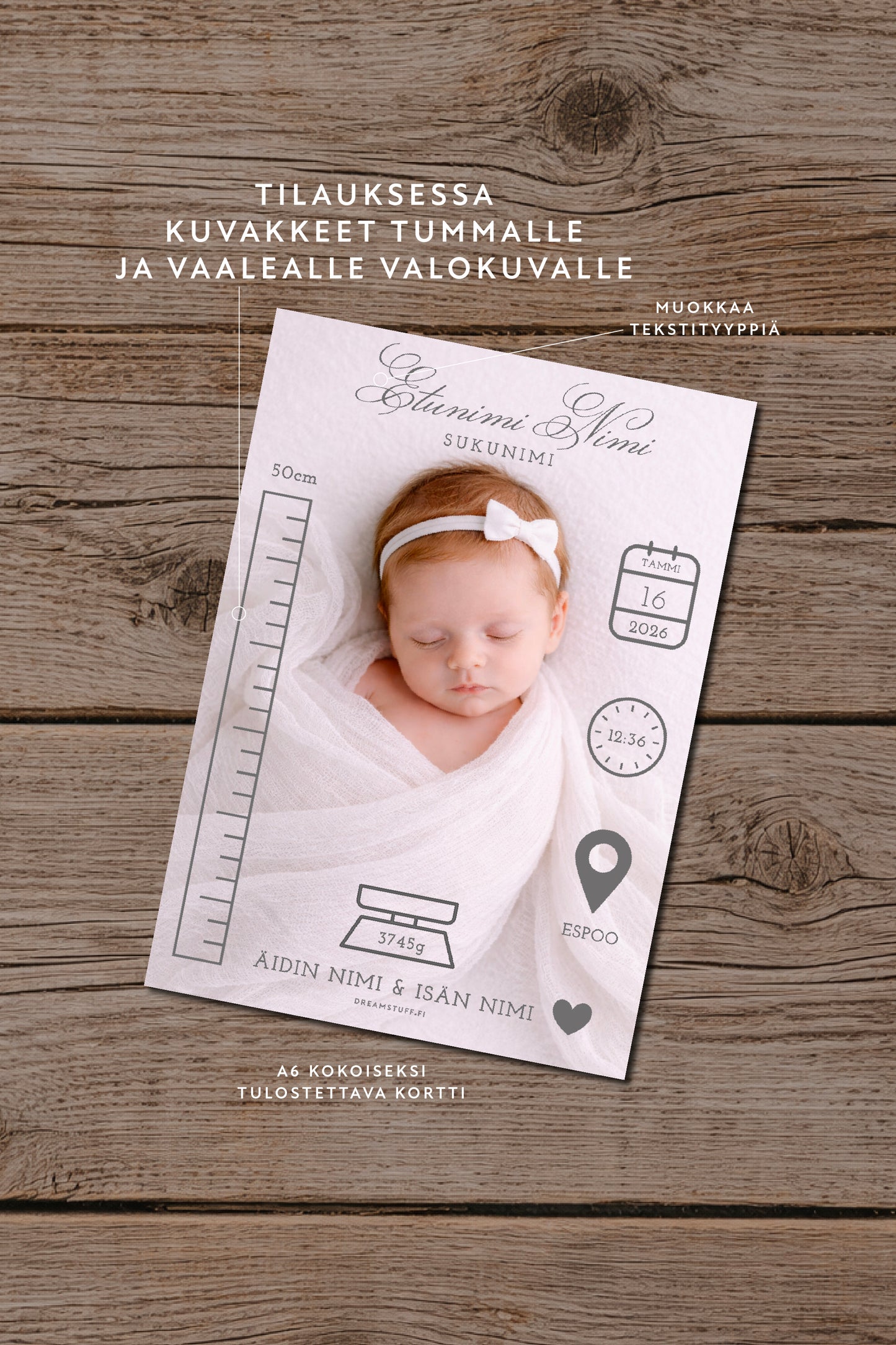 Personoitava A6 syntymätietokortti
