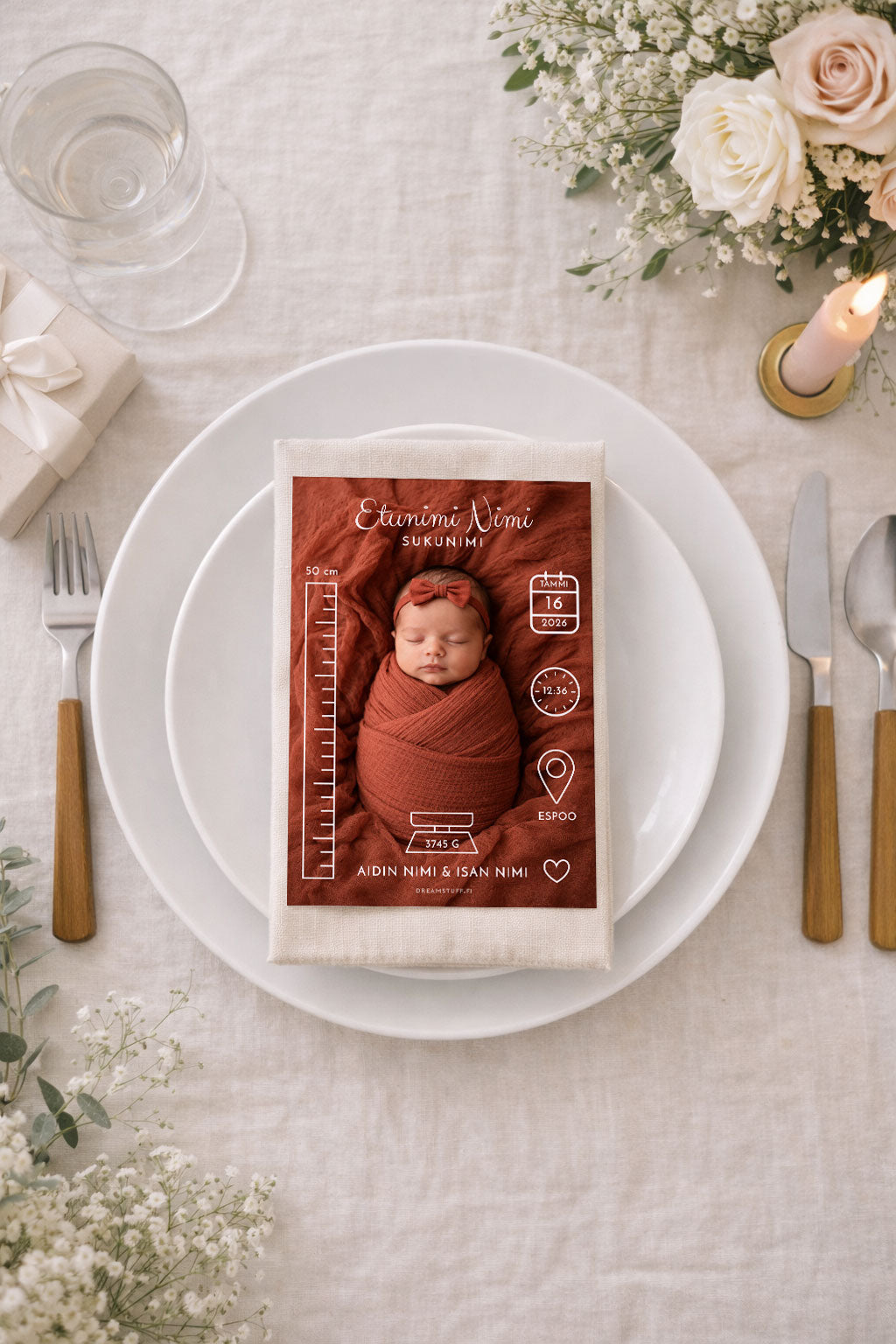 Personoitava A6 syntymätietokortti