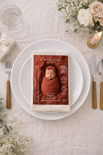 Personoitava A6 syntymätietokortti