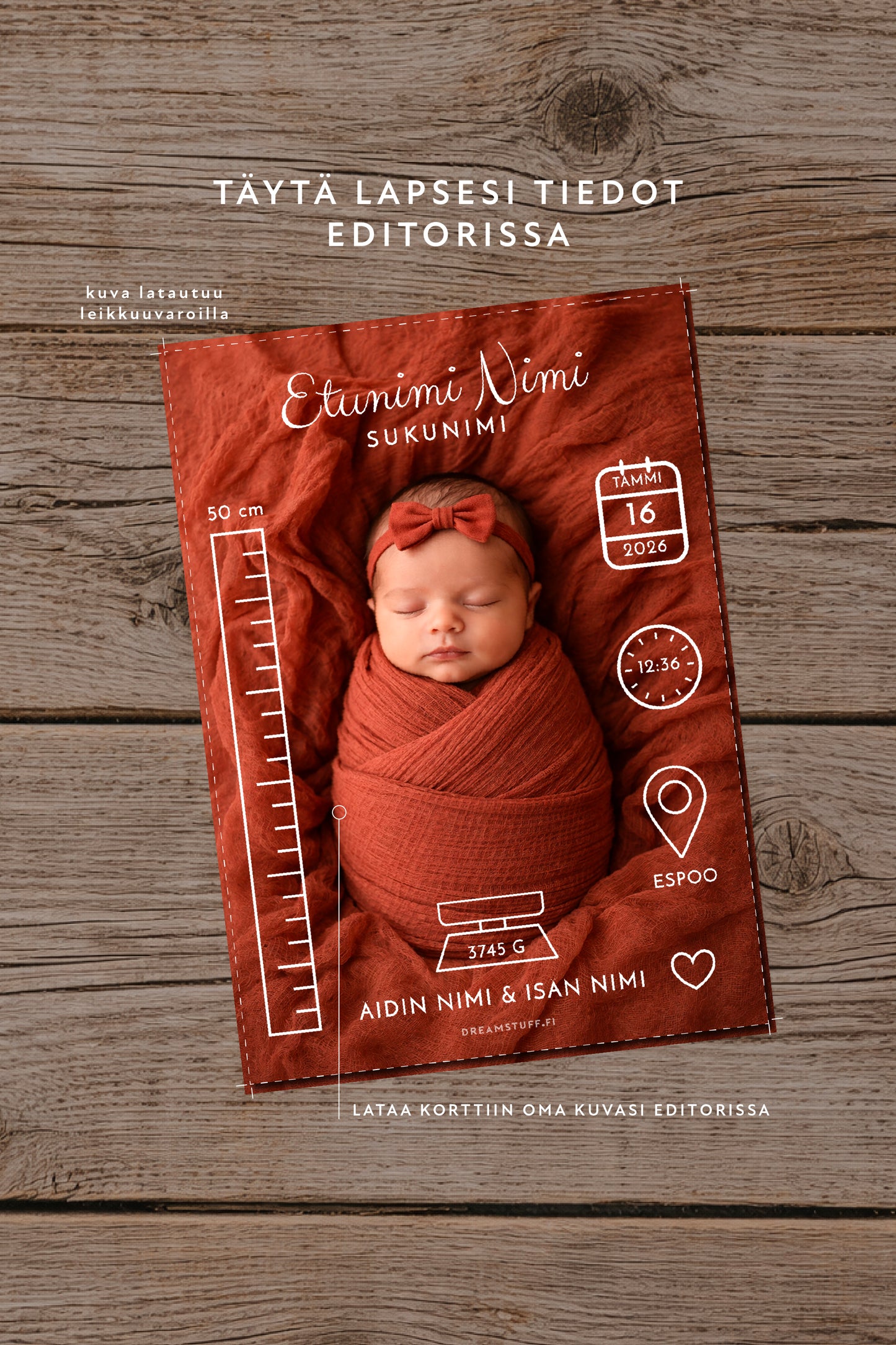 Personoitava A6 syntymätietokortti