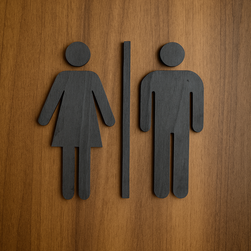 Moderni ja tyylikäs puinen vessakyltti – laserkaiverrettu läpivärjätystä kotimaisesta koivuvanerista, valmistettu Suomessa Dreamstuffin verstaalla.