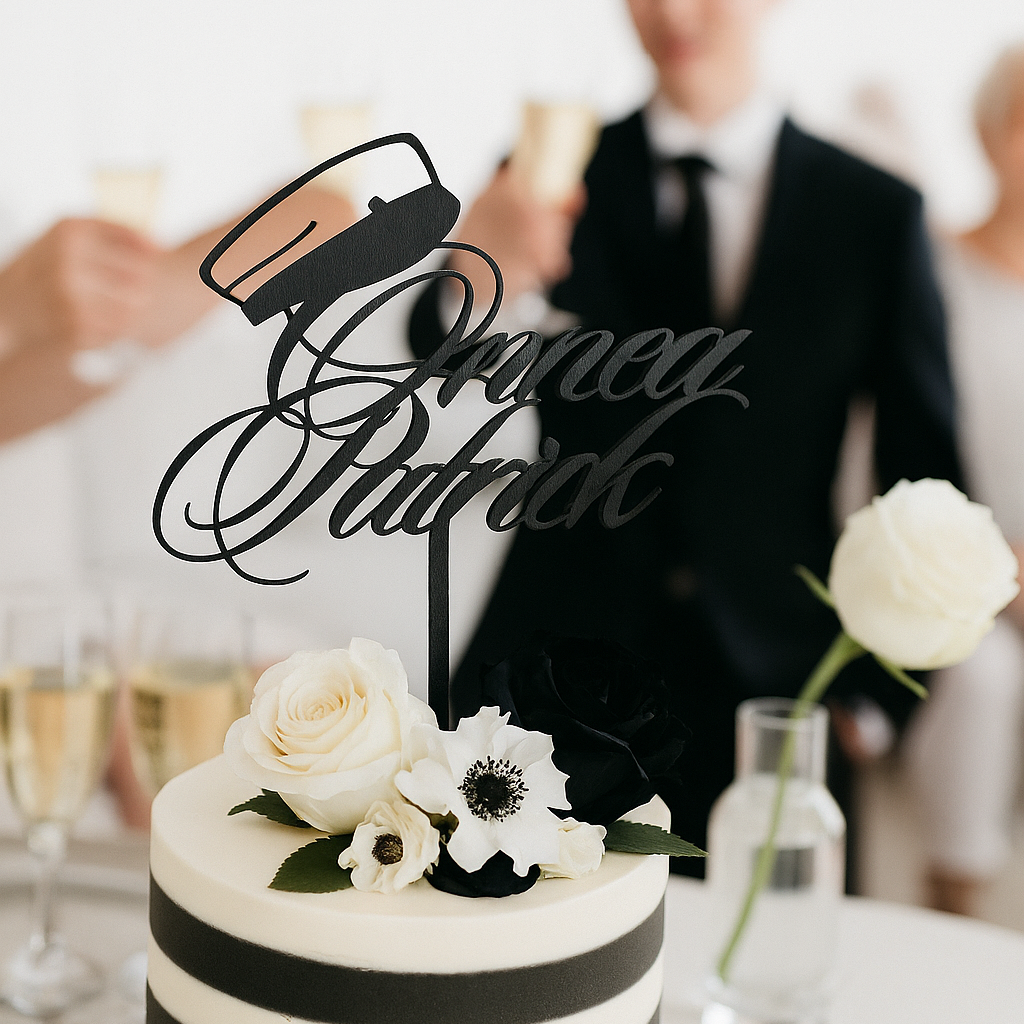 Musta koivuvanerinen ylioppilaslakki-kakkukoriste, jossa teksti "Onnea Patrick" kahdella rivillä, kakun päällä.