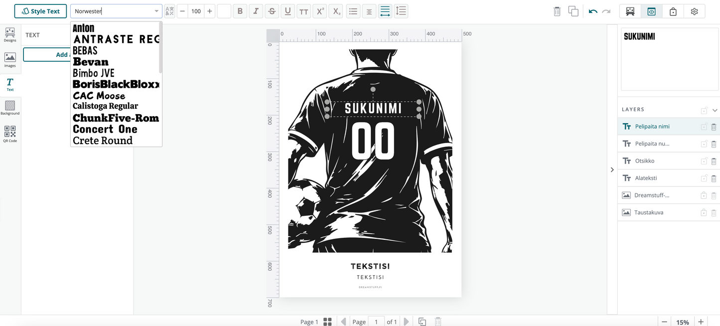 Muokattava futisjuliste omalla nimellä ja numerolla. Jalkapallon pelipaitajuliste Corjl-editorissa, digitaalinen printable-tuote 50 x 70 cm kokoon. Personoitu lahja jalkapalloilijalle.