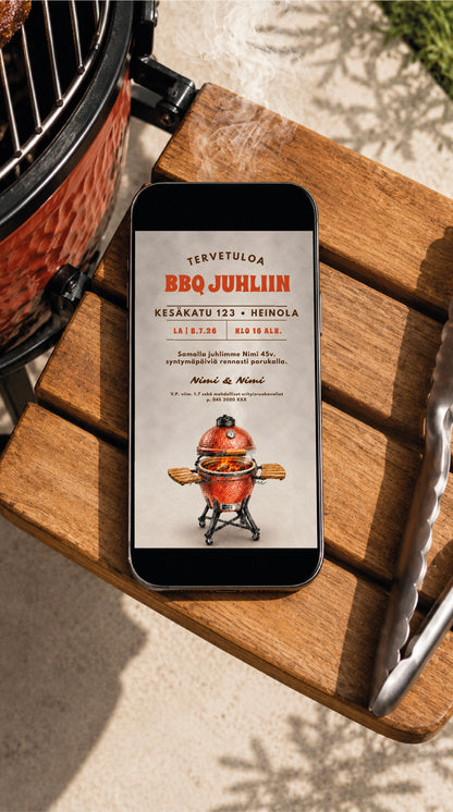 Muokattava digitaalinen grillijuhlakutsu kännykkämockupissa grillin puisella sivupöydällä, Dreamstuffin BBQ-kutsu kesäjuhliin.